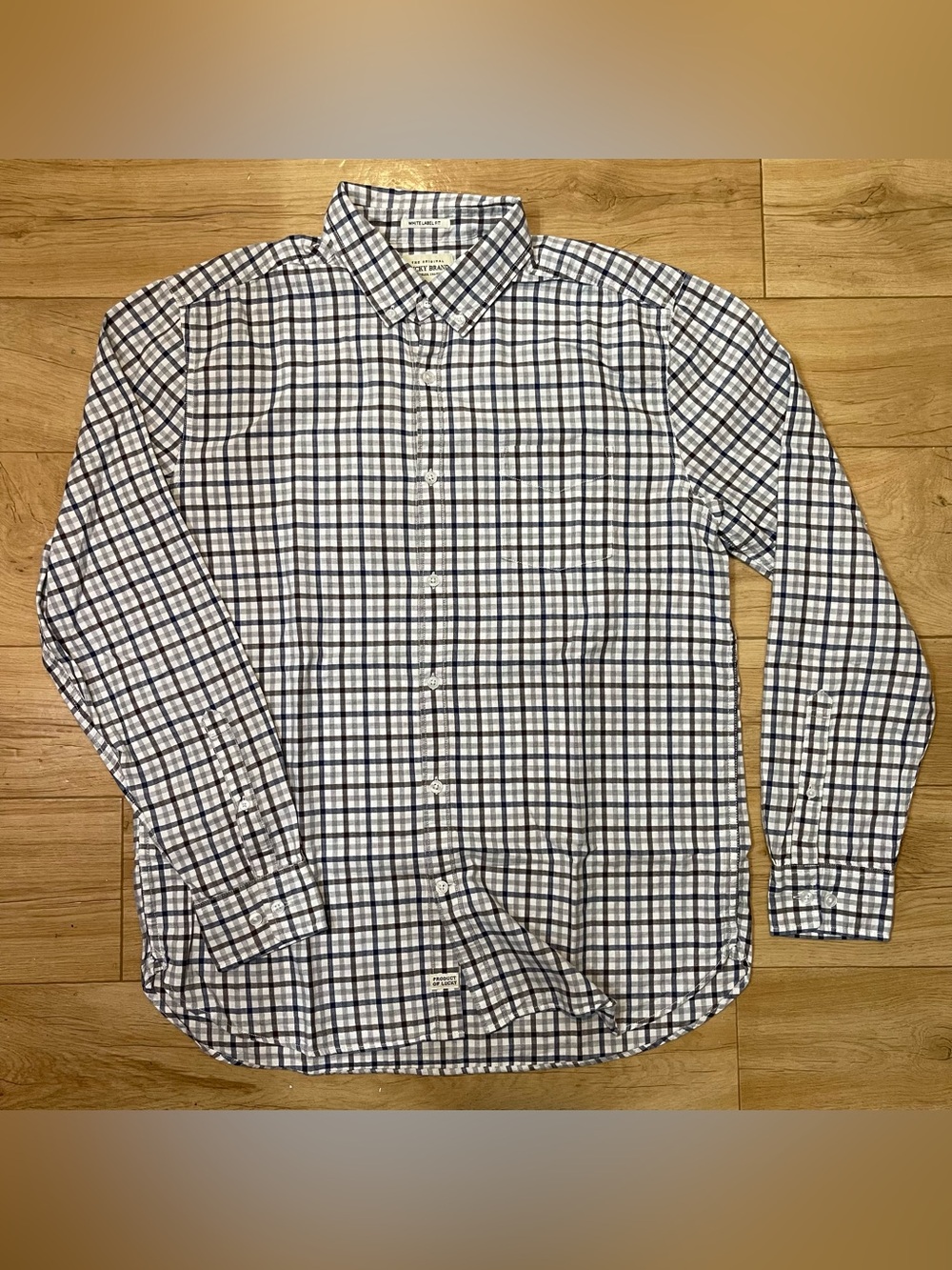 Lucky Brand Men's L White Plaid Button-Down Shirt with Blue & Brown Checks